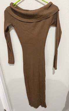 The Work Shop Brown Off-The-Shoulder Ribbed Knit Long Sleeve Midi Dress